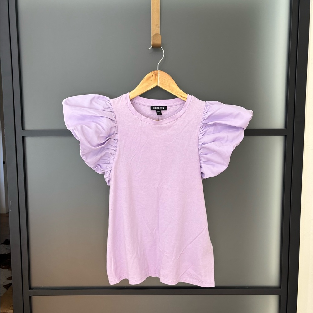 Express Light Purple Top with satin ruffle sleeves